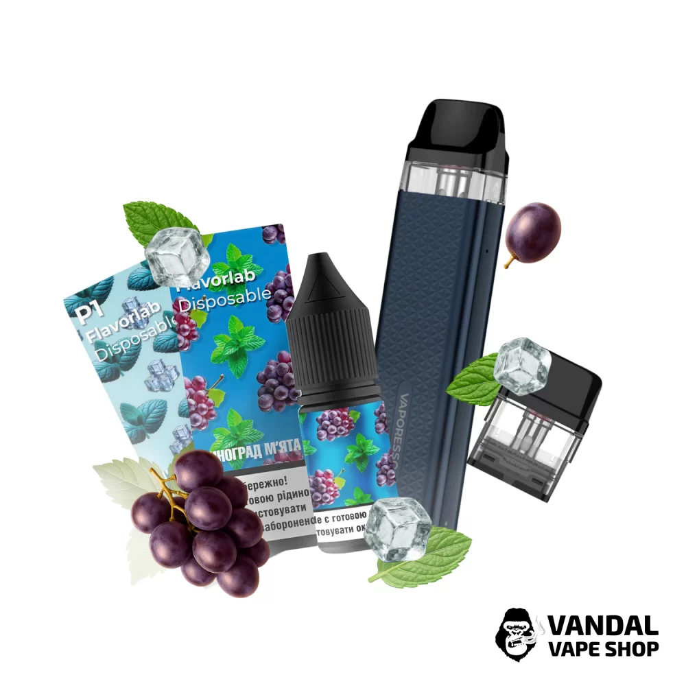 Набор M 2.0: подсистема Vaporesso XROS 3 Mini в темно-синем цвете + картридж 1.0 Ом + 2 набора для самозамеса Flavorlab p1 10 мл 50 мг: со вкусом винограда с ментолом / со вкусом мяты с ментолом