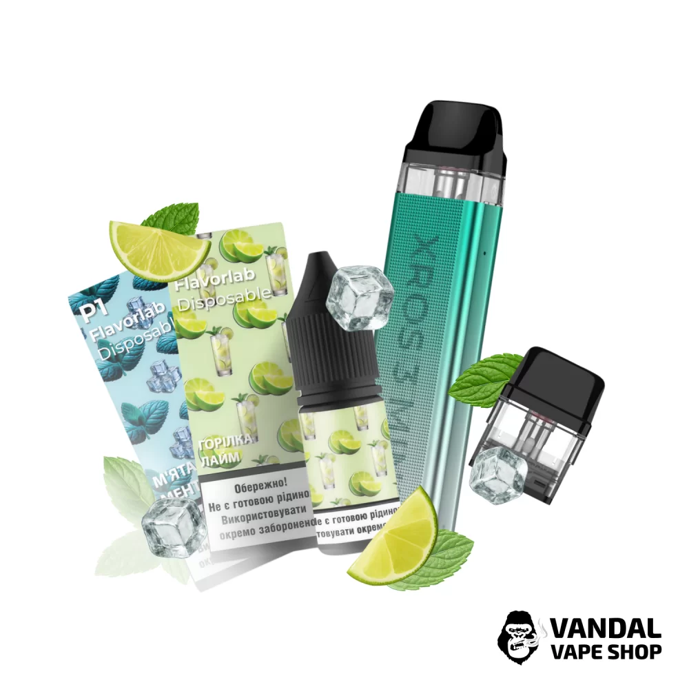 Набор M 2.0: подсистема Vaporesso XROS 3 Mini в градиентном зеленом цвете + картридж 1.0 Ом + 2 набора для самозамеса Flavorlab p1 10 мл 50 мг: со вкусом водки с лаймом/со вкусом мяты и ментола