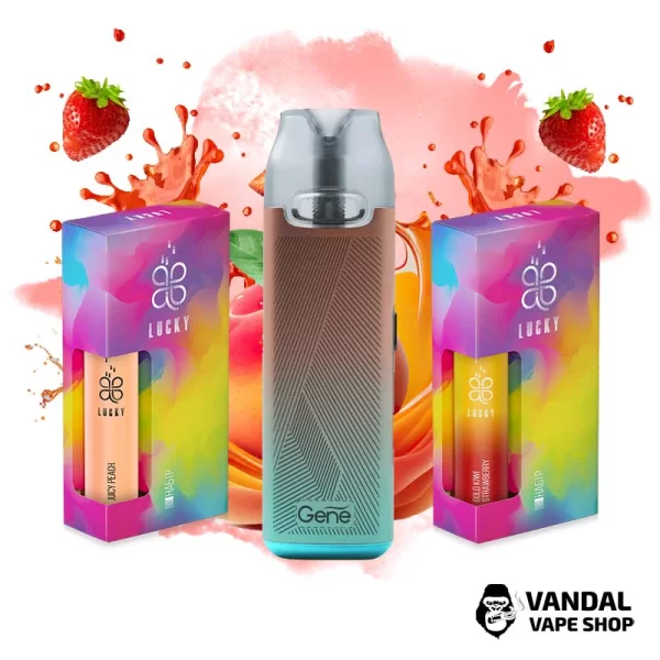 Набір L: подсистема VooPoo V.Thru PRO в рожево-бірюзовому кольорі + 2 набори для самозамісу Lucky 30 мл 65 мг зі смаком персика / ківі і полуниці