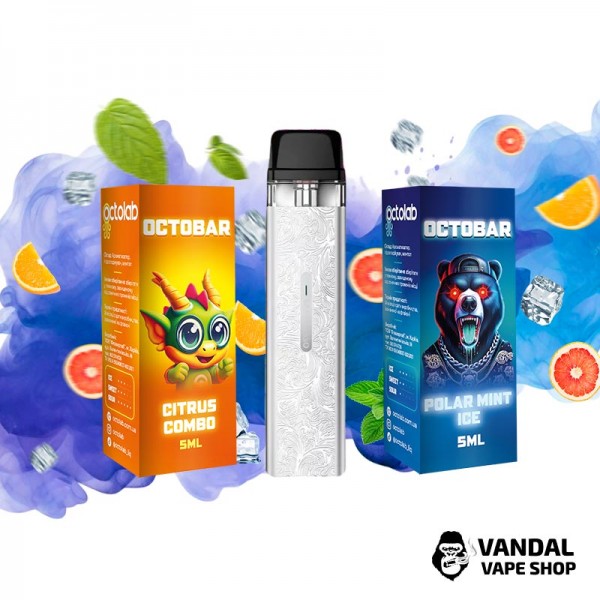 Набор M: подсистема Vaporesso XROS Mini в серебряном цвете + 2 набора для самозамеса OctoBar 10 мл 50 мг: со вкусом цитрусов + со вкусом мяты с холодком