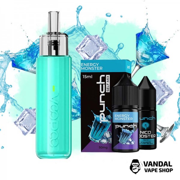 Набір S: подсистема VooPoo Doric Q в бірюзовому кольорі + набір для самозамісу Punch 15 мл 65 мг зі смаком енергетика з холодком