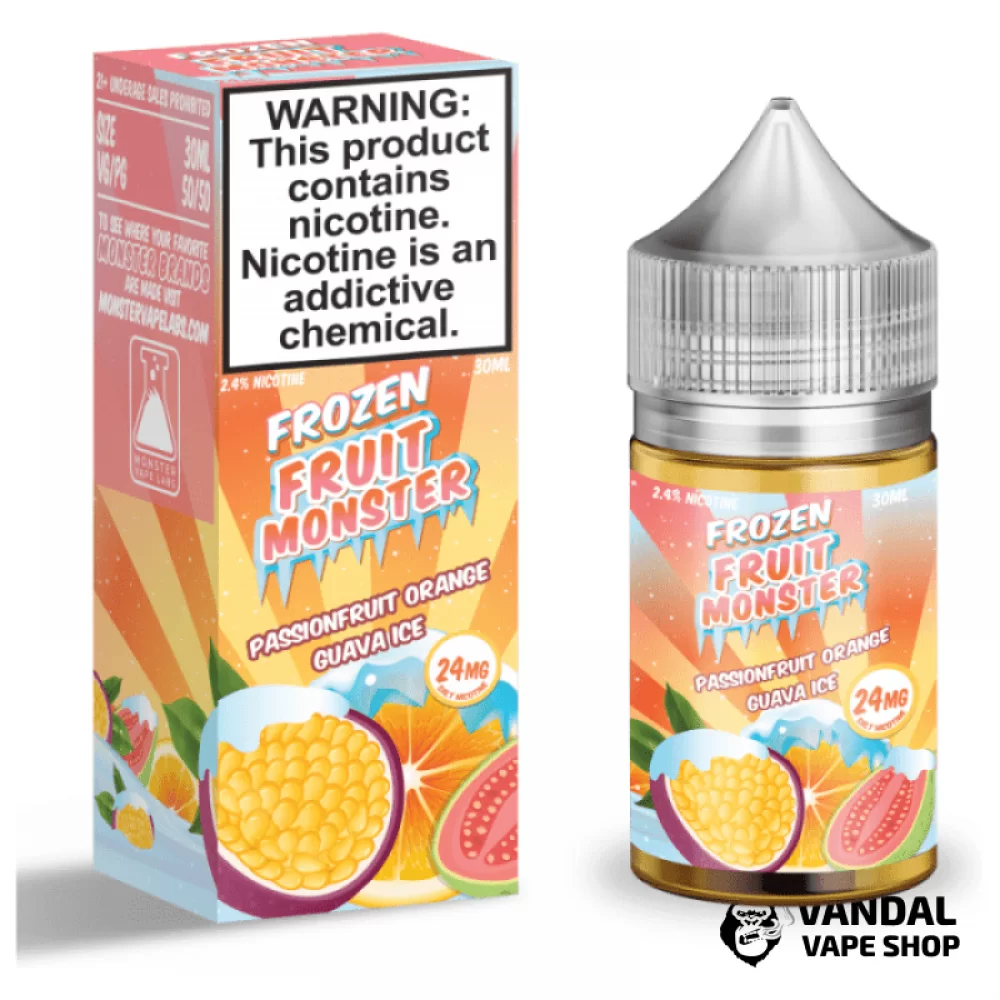 Преміальна сольова рідина Frozen Fruit Monster Salt 30 мл, 48 мг зі смаком маракуйї, апельсина та гуави з холодком Преміальна сольова рідина Frozen Fruit Monster Salt 30 мл, 48 мг зі смаком маракуйї, апельсина та гуави з холодком