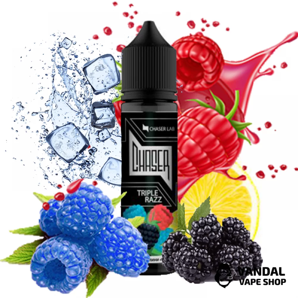 Жидкость Chaser Black Triple Razz Ice 60 мл, 1.5 мг, на органическом никотине, со вкусом голубой, красной и черной малины с лимоном и льдом Жидкость Chaser Black Triple Razz Ice 60 мл, 1.5 мг, на органическом никотине, со вкусом голубой, красной и черной малины с лимоном и льдом