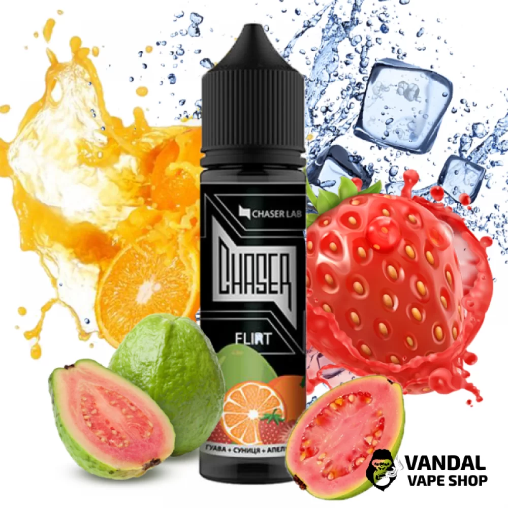 Жидкость Chaser Black Flirt Ice 60 мл, 6 мг, на органическом никотине, со вкусом гуавы, земляники и апельсина со льдом Жидкость Chaser Black Flirt Ice 60 мл, 6 мг, на органическом никотине, со вкусом гуавы, земляники и апельсина со льдом