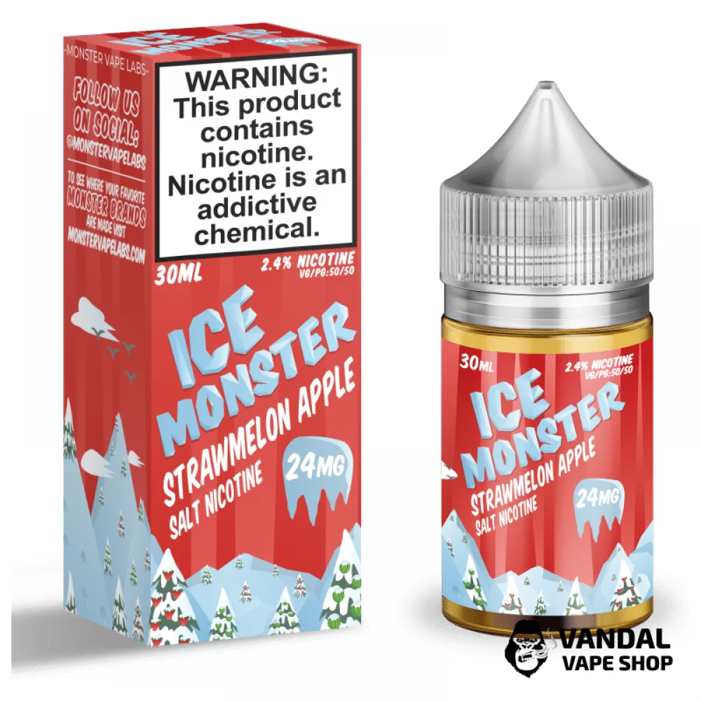 Преміальна сольова рідина Ice Monster Salt 30 мл, 24 мг зі смаком полуниці, кавуна та яблука з льодом Преміальна сольова рідина Ice Monster Salt 30 мл, 24 мг зі смаком полуниці, кавуна та яблука з льодом