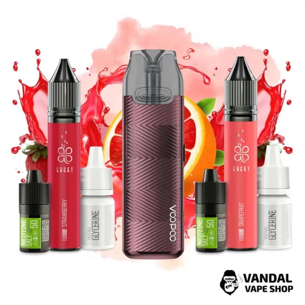 Набір L: подсистема VooPoo V.Thru PRO в бордовому кольорі + набір для самозамісу Lucky 30 мл 50 мг зі смаком грейпфрута / полуниці