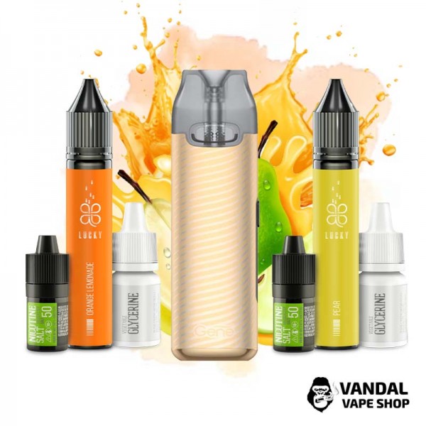 Набір L: подсистема VooPoo V.Thru PRO в золотому кольорі + набір для самозамісу Lucky 30 мл 65 мг зі смаком апельсинового лимонаду / груші