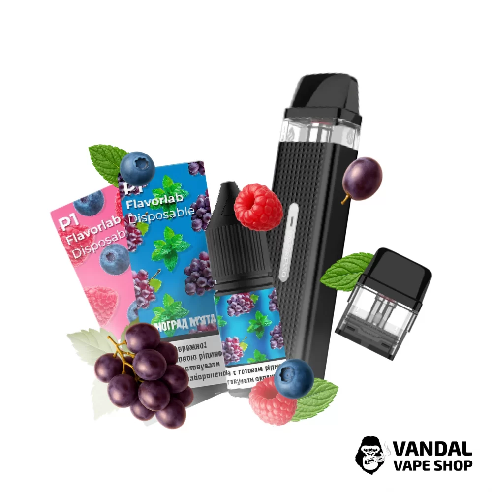 Набор M 2.0: подсистема Vaporesso XROS Mini в черном цвете+ картридж 1.0 Ом + 2 набора для самозамеса Flavorlab p1 10 мл 50 мг: со вкусом винограда и ментола/со вкусом черники и малины