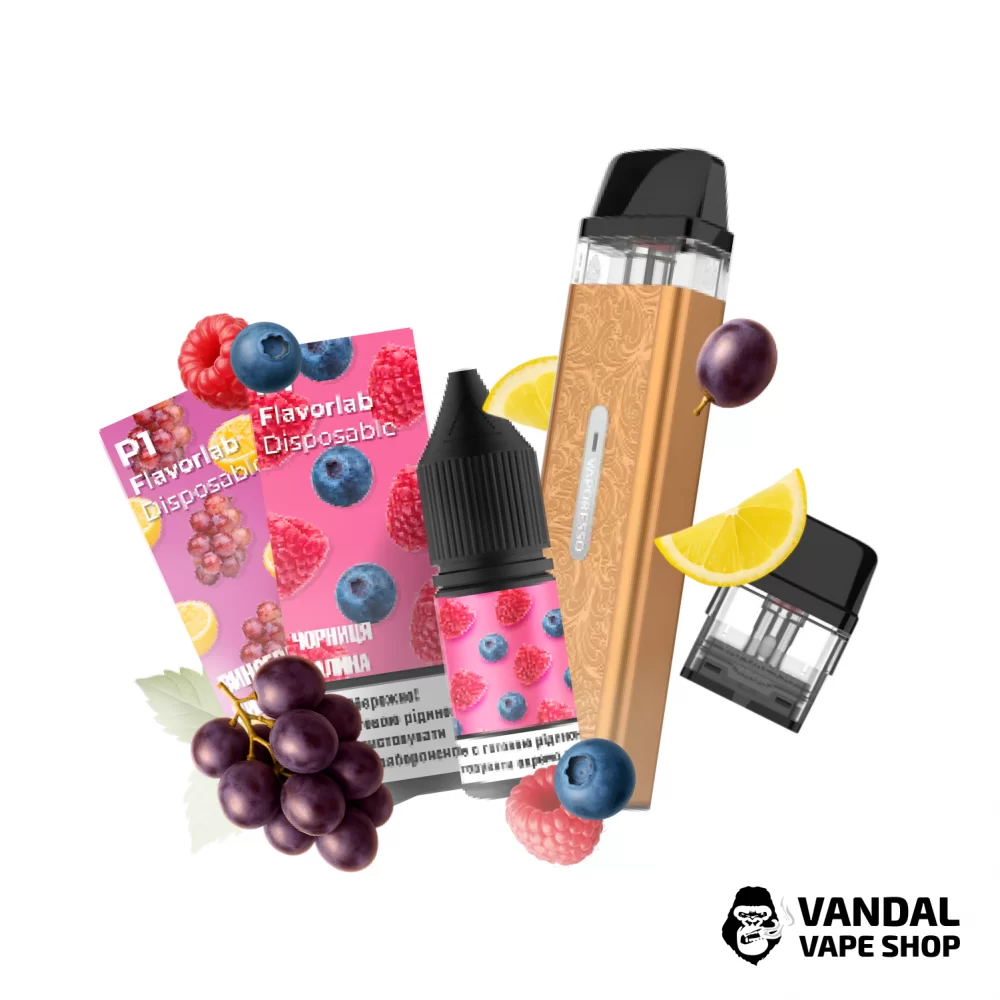 Набор M 2.0: подсистема Vaporesso XROS Mini в бронзовом градиенте + картридж 1.0 Ом + 2 набора для самозамеса Flavorlab p1 10 мл 50 мг: со вкусом черники с малиной/со вкусом винограда с лимоном