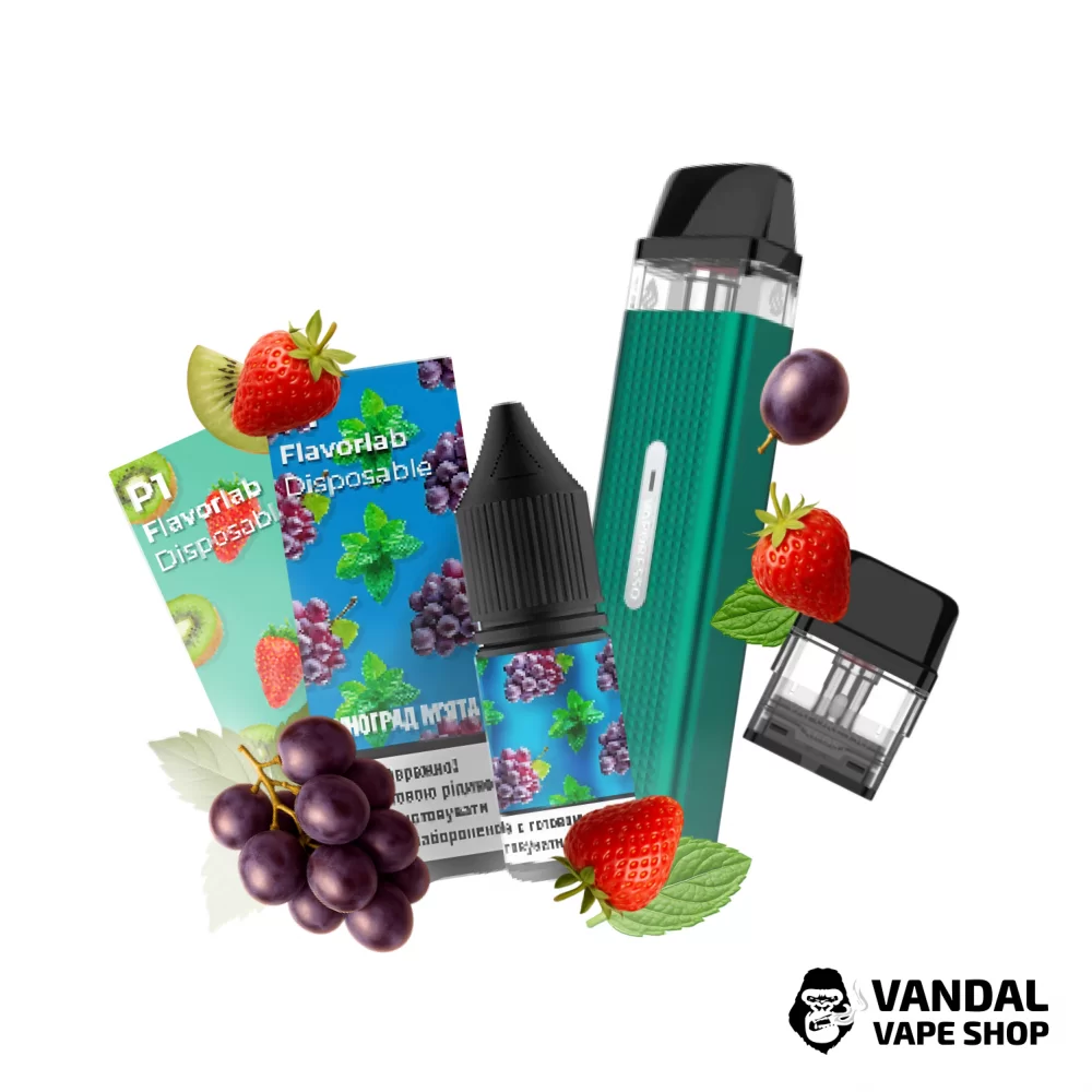Набор M 2.0: подсистема Vaporesso XROS Mini в темно-зеленом цвете + картридж 1.0 Ом + 2 набора для самозамеса Flavorlab p1 10 мл 50 мг: со вкусом винограда с ментолом / со вкусом клубники и киви
