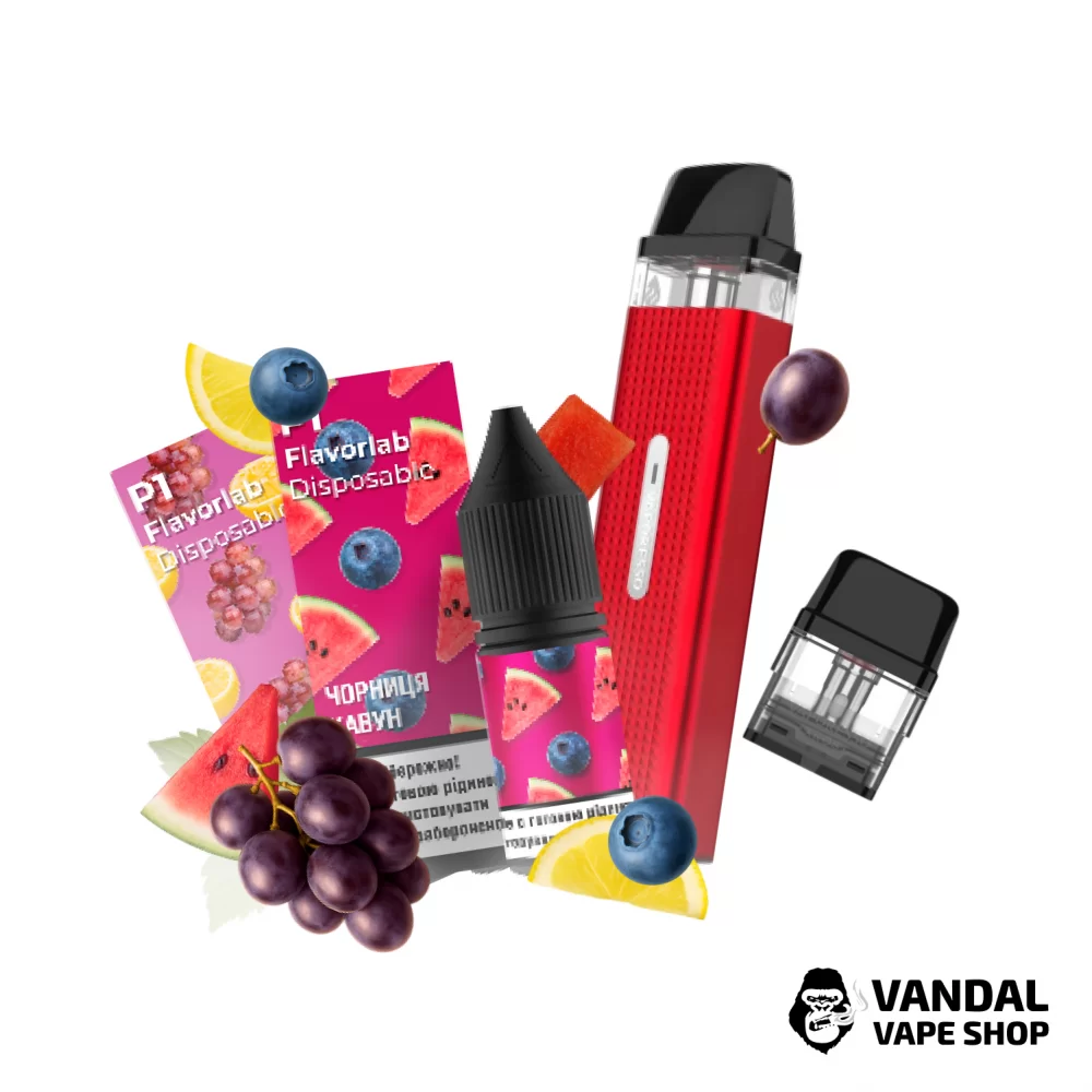 Набір M 2.0: подсистема Vaporesso XROS Mini в червоному кольорі + картридж 1.0 Ом + 2 набори для самозамісу Flavorlab p1 10 мл 50 мг: зі смаком винограду з лимоном/зі смаком чорниці з кавуном
