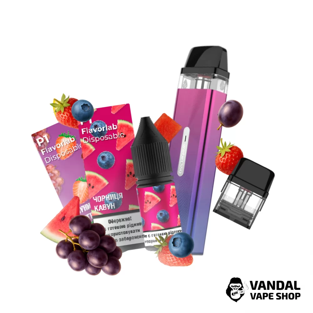 Набор M 2.0: подсистема Vaporesso XROS Mini в розово-фиолетовом цвете + картридж 1.0 Ом + 2 набора для самозамеса Flavorlab p1 10 мл 50 мг: со вкусом черники с арбузом/со вкусом винограда с клубникой