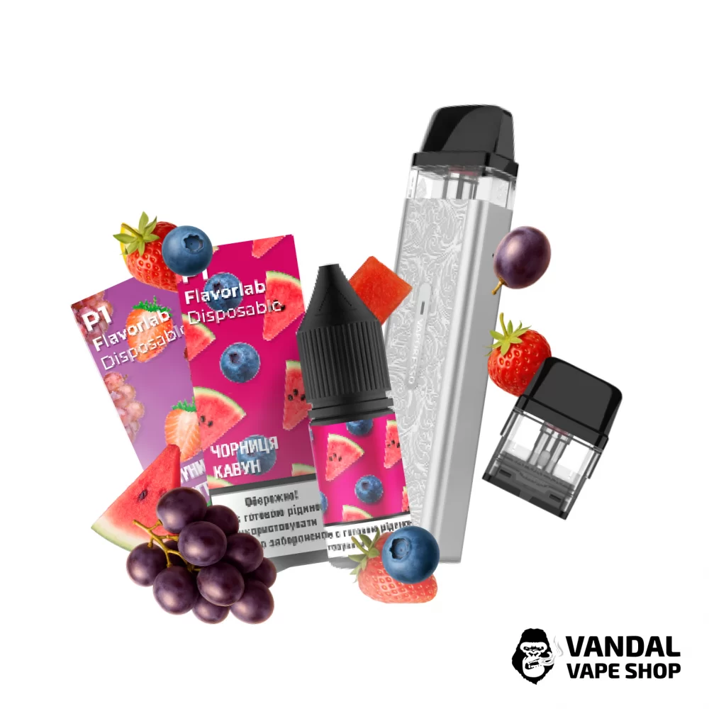 Набор M 2.0: подсистема Vaporesso XROS Mini в серебристом цвете + картридж 1.0 Ом + 2 набора для самозамеса Flavorlab p1 10 мл 50 мг: со вкусом черники с арбузом/со вкусом винограда с клубникой