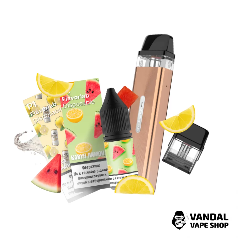 Набор M 2.0: подсистема Vaporesso XROS Mini в золотом + картридж 1.0 Ом + 2 набора для самозамеса Flavorlab p1 10 мл 50 мг: со вкусом пива с лимоном/со вкусом арбуза с лимоном