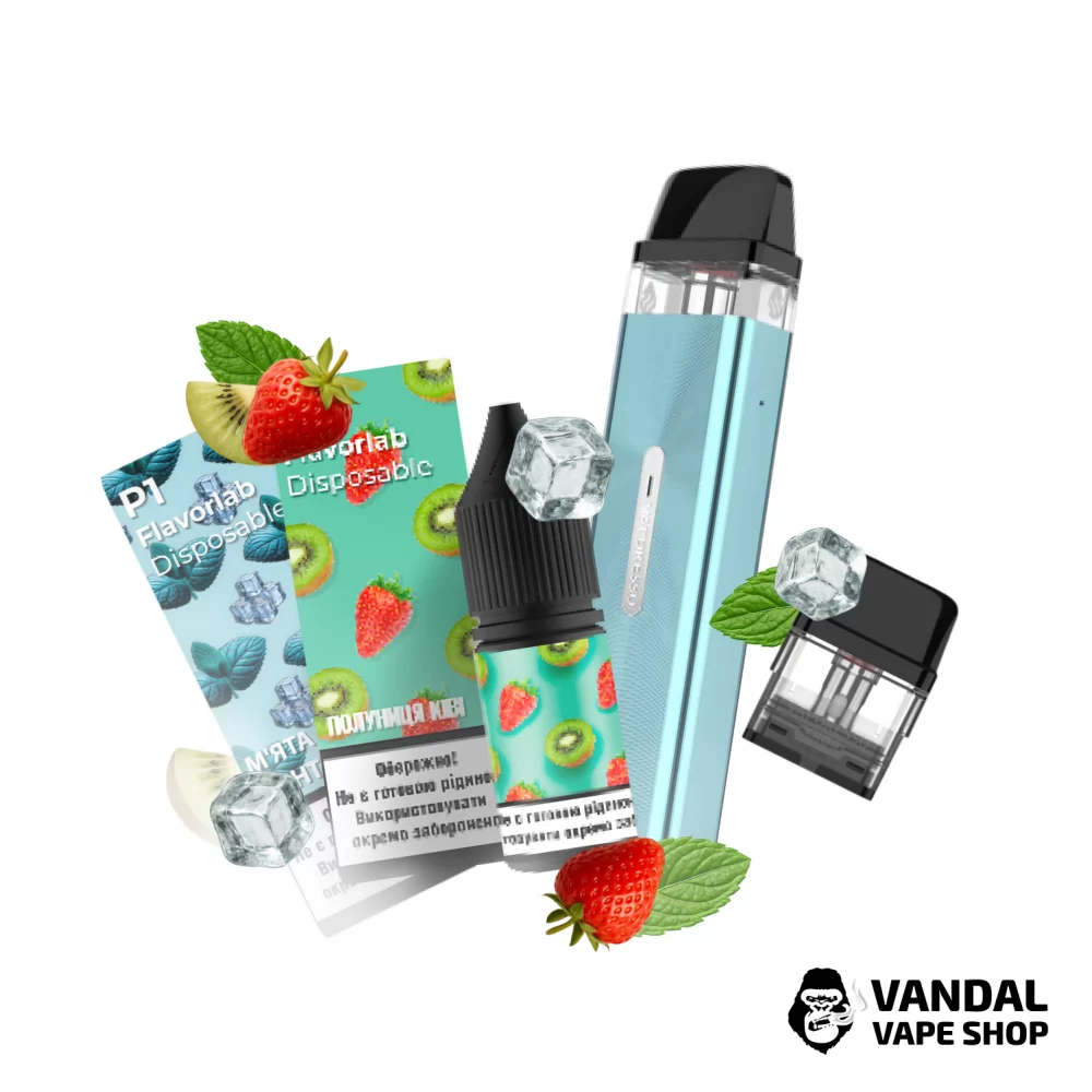 Набор M 2.0: подсистема Vaporesso XROS Mini в голубом цвете + картридж 1.0 Ом + 2 набора для самозамеса Flavorlab p1 10 мл 50 мг: со вкусом мяты с ментолом / со вкусом клубники с киви