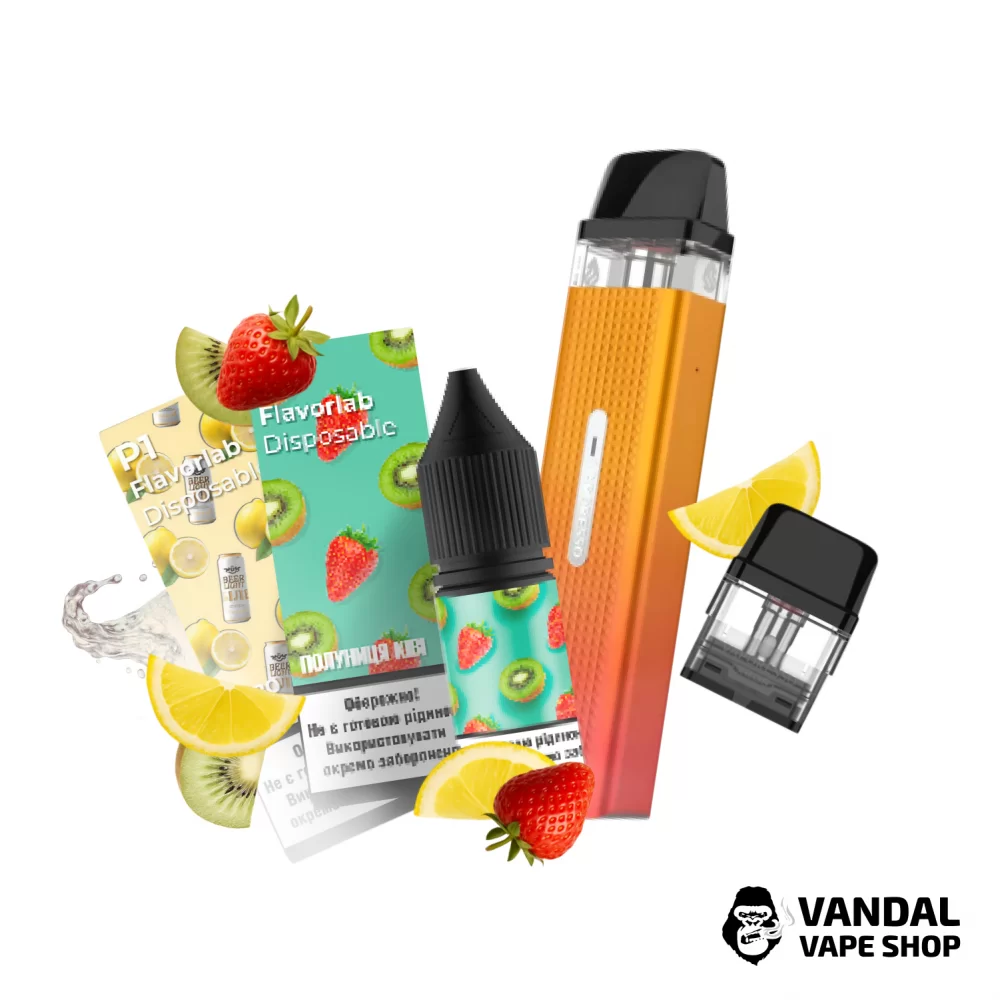 Набор M 2.0: подсистема Vaporesso XROS Mini в оранжевом цвете + картридж 1.0 Ом + 2 набора для самозамеса Flavorlab p1 10 мл 50 мг: со вкусом пива с лимоном/со вкусом клубники и киви