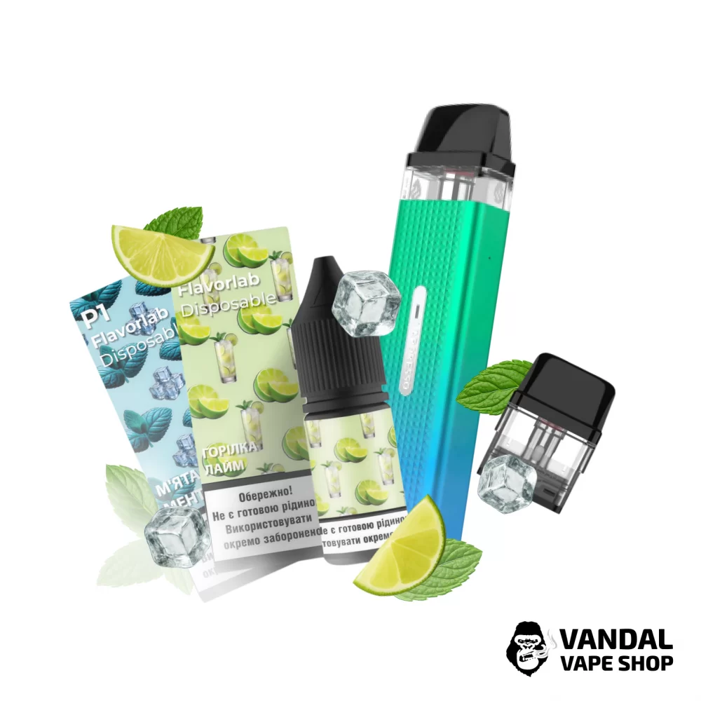 Набор M 2.0: подсистема Vaporesso XROS Mini в зеленом цвете + картридж 1.0 Ом + 2 набора для самозамеса Flavorlab p1 10 мл 50 мг: со вкусом водки с лаймом/со вкусом мяты и ментола