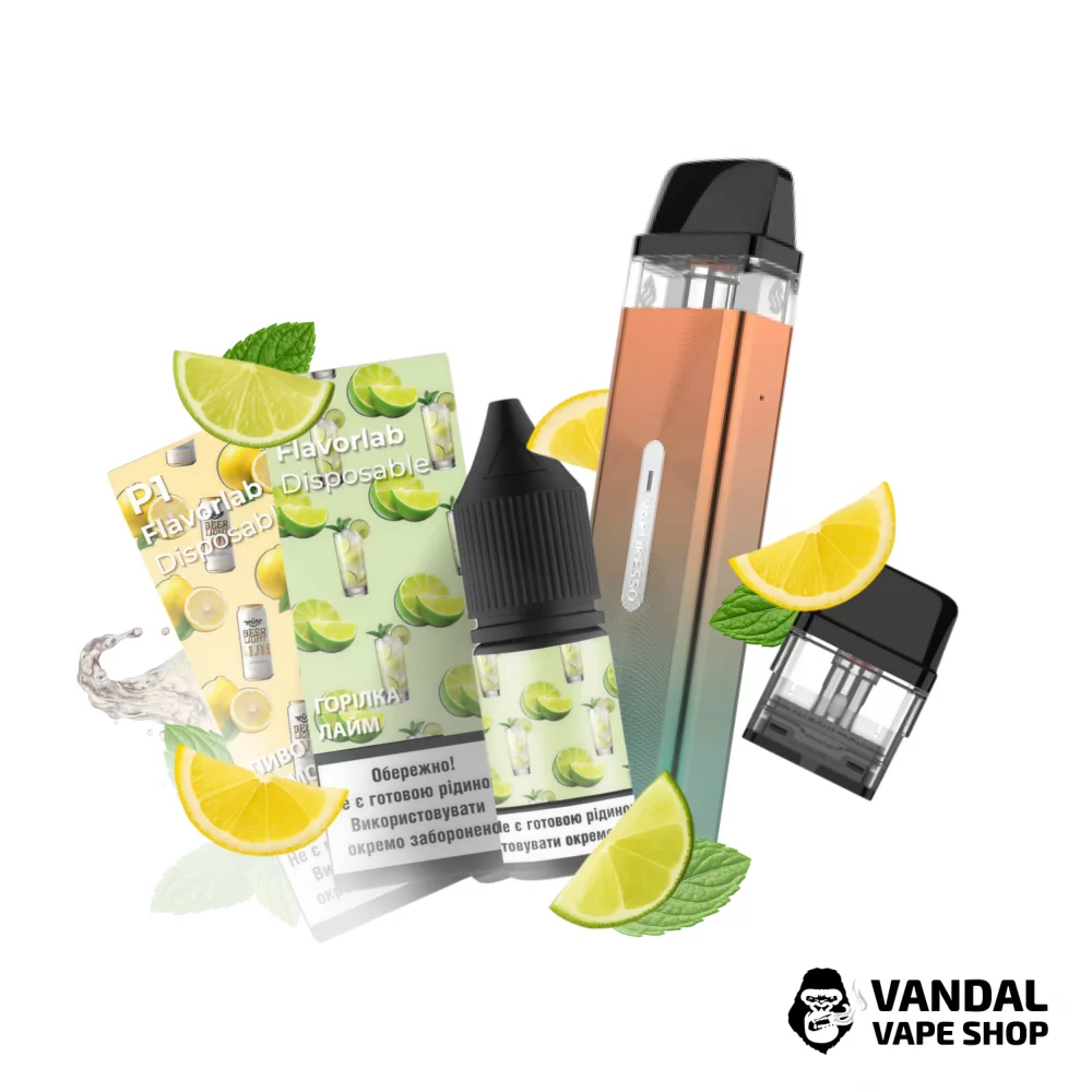 Набор M 2.0: подсистема Vaporesso XROS Mini в зелено-оранжевом цвете + картридж 1.0 Ом + 2 набора для самозамеса Flavorlab p1 10 мл 50 мг: со вкусом пива с лимоном/со вкусом водки с лаймом