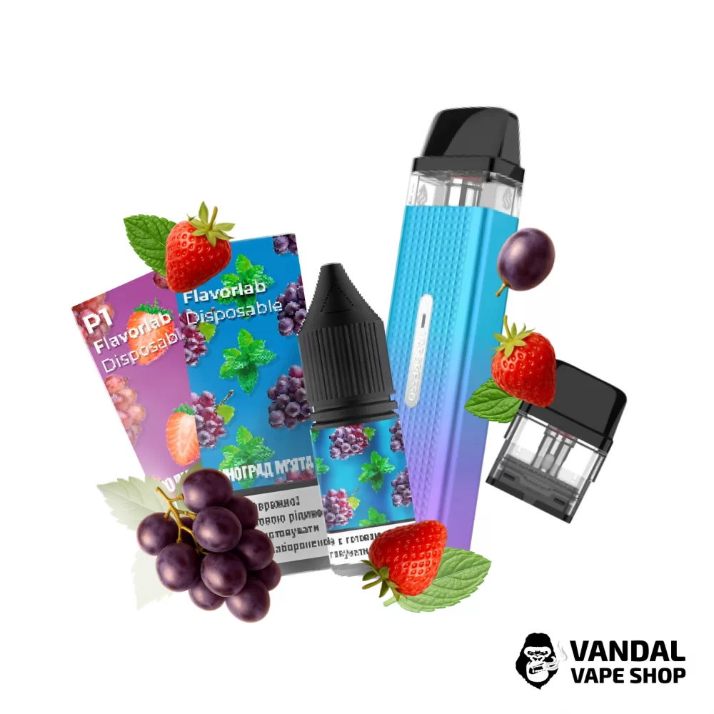 Набор M 2.0: подсистема Vaporesso XROS Mini в фиолетовом цвете + картридж 1.0 Ом + 2 набора для самозамеса Flavorlab p1 10 мл 50 мг: со вкусом клубники с виноградом/со вкусом винограда и ментола