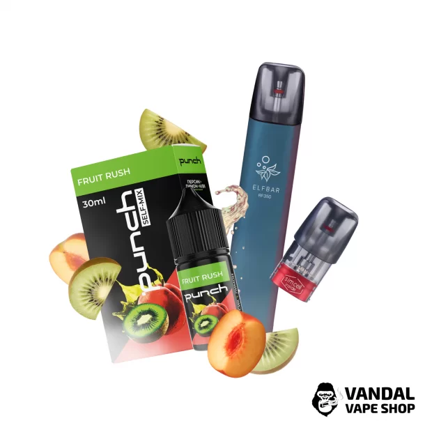 Набор S: подсистема Elf Bar Rf 350 Dark Green + набор для самозамеса Punch Fruit Rush 30 мл 50 мг + Картридж ELF BAR RF350 + Стикерпак
