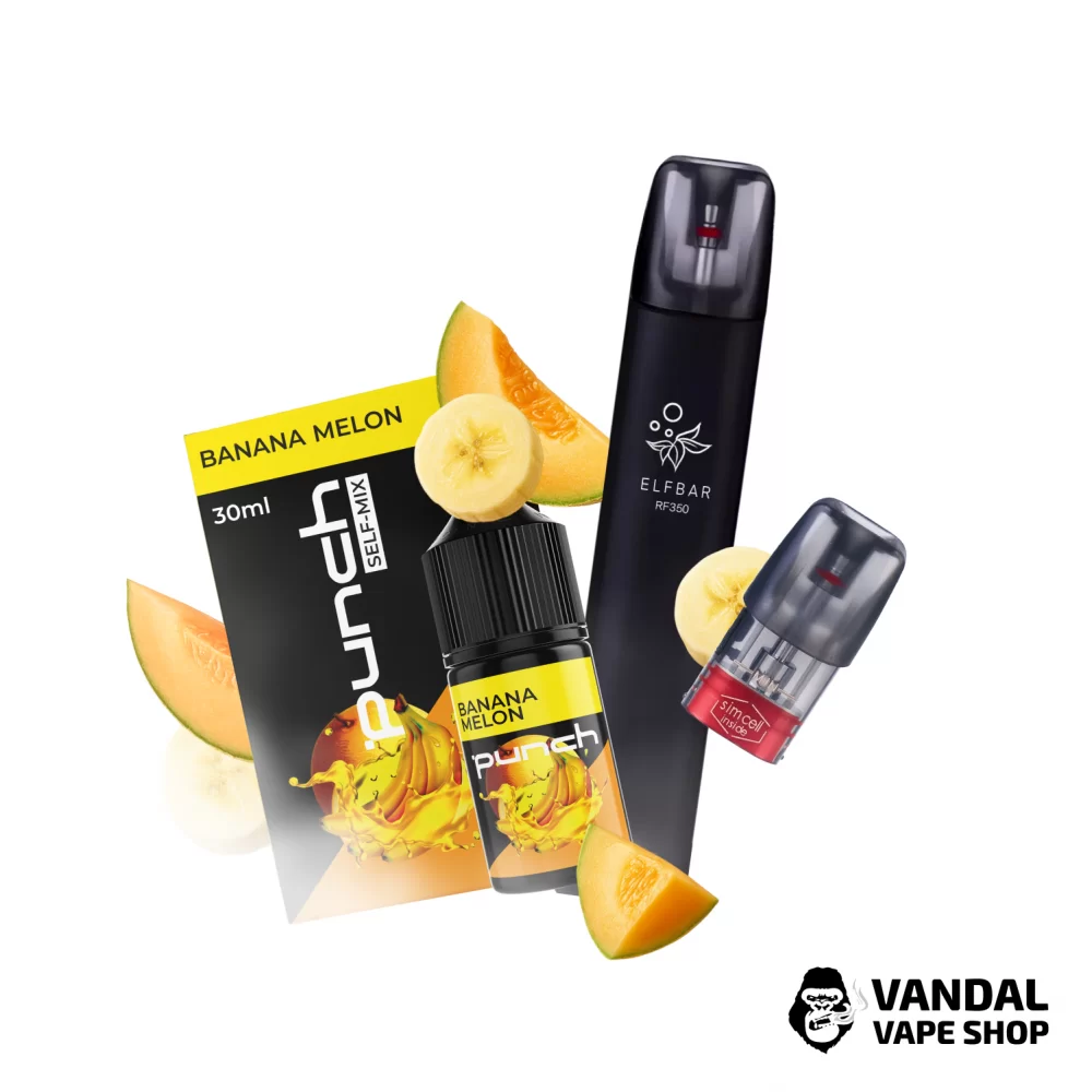 Набор S: подсистема Elf Bar Rf 350 Black + набор для самозамеса Punch Banana Melon 30 мл 50 мг + Картридж ELF BAR RF350 + Стикерпак