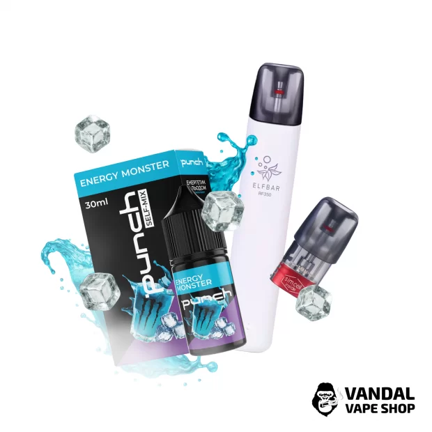 Набор S: подсистема Elf Bar Rf 350 White + набор для самозамеса Punch Energy Monster 30 мл 50 мг + Картридж ELF BAR RF350 + Стикерпак