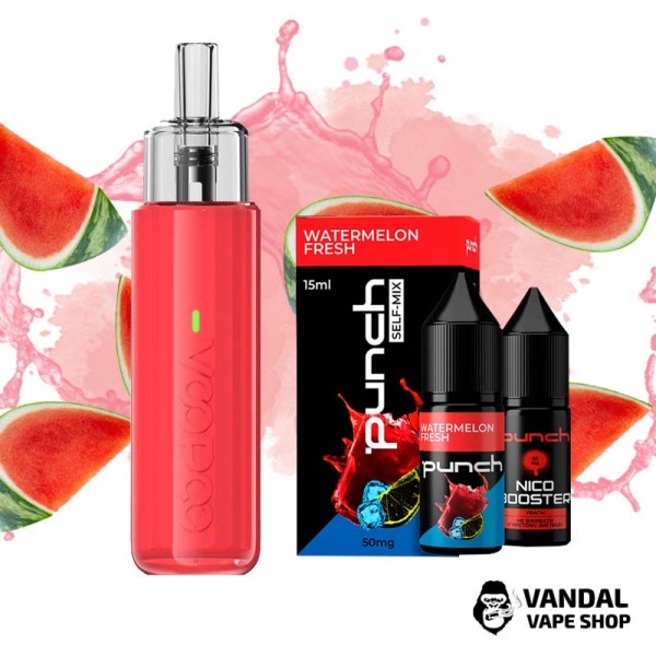 Набор S: подсистема VooPoo Doric Q в красном цвете + набор для самозамеса Punch 15 мл 50 мг со вкусом арбуза