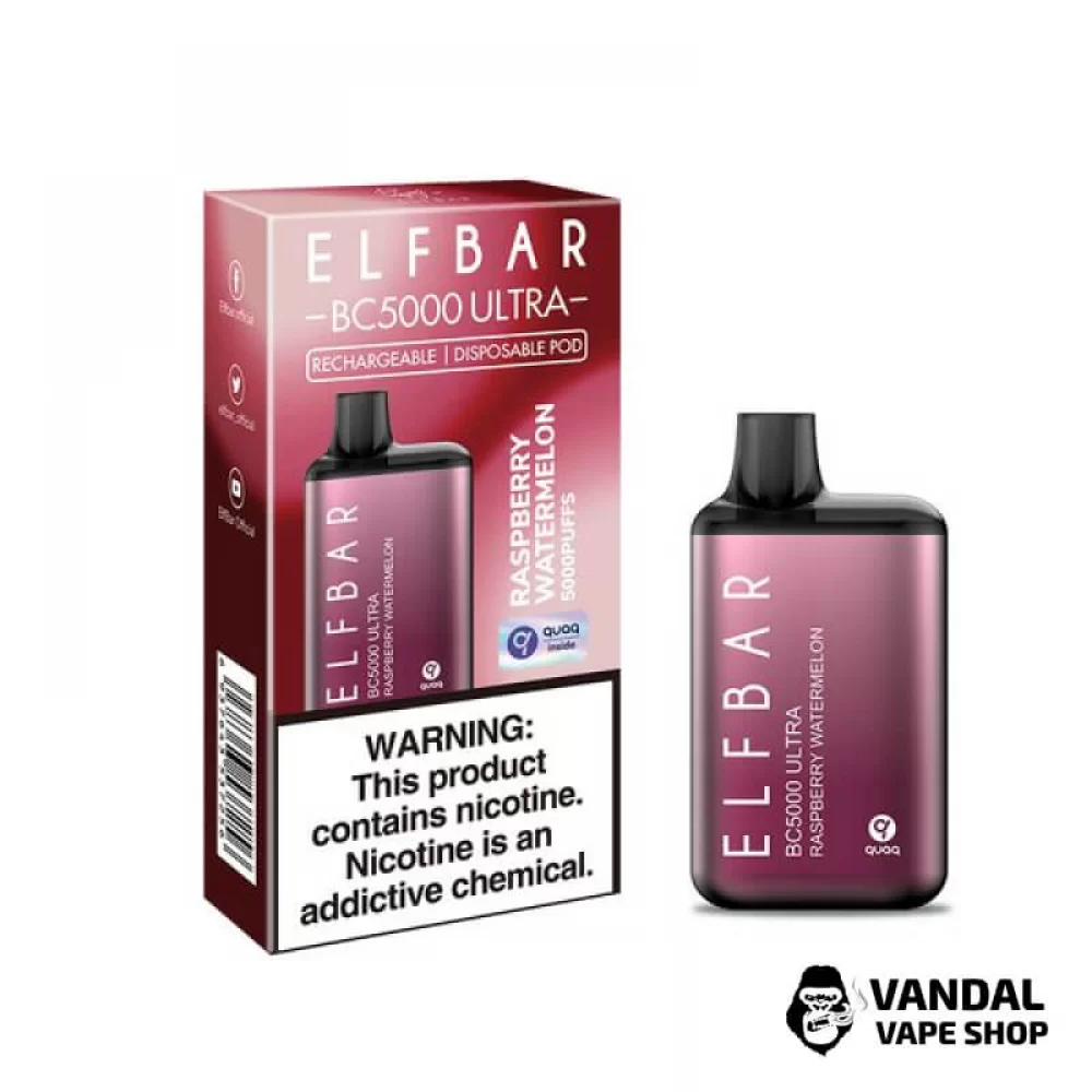 Одноразовий Pod Elf Bar BC5000 Ultra 650 мАг 5% на 5000 затяжок зі смаком малини та кавуна Одноразовий Pod Elf Bar BC5000 Ultra 650 мАг 5% на 5000 затяжок зі смаком малини та кавуна