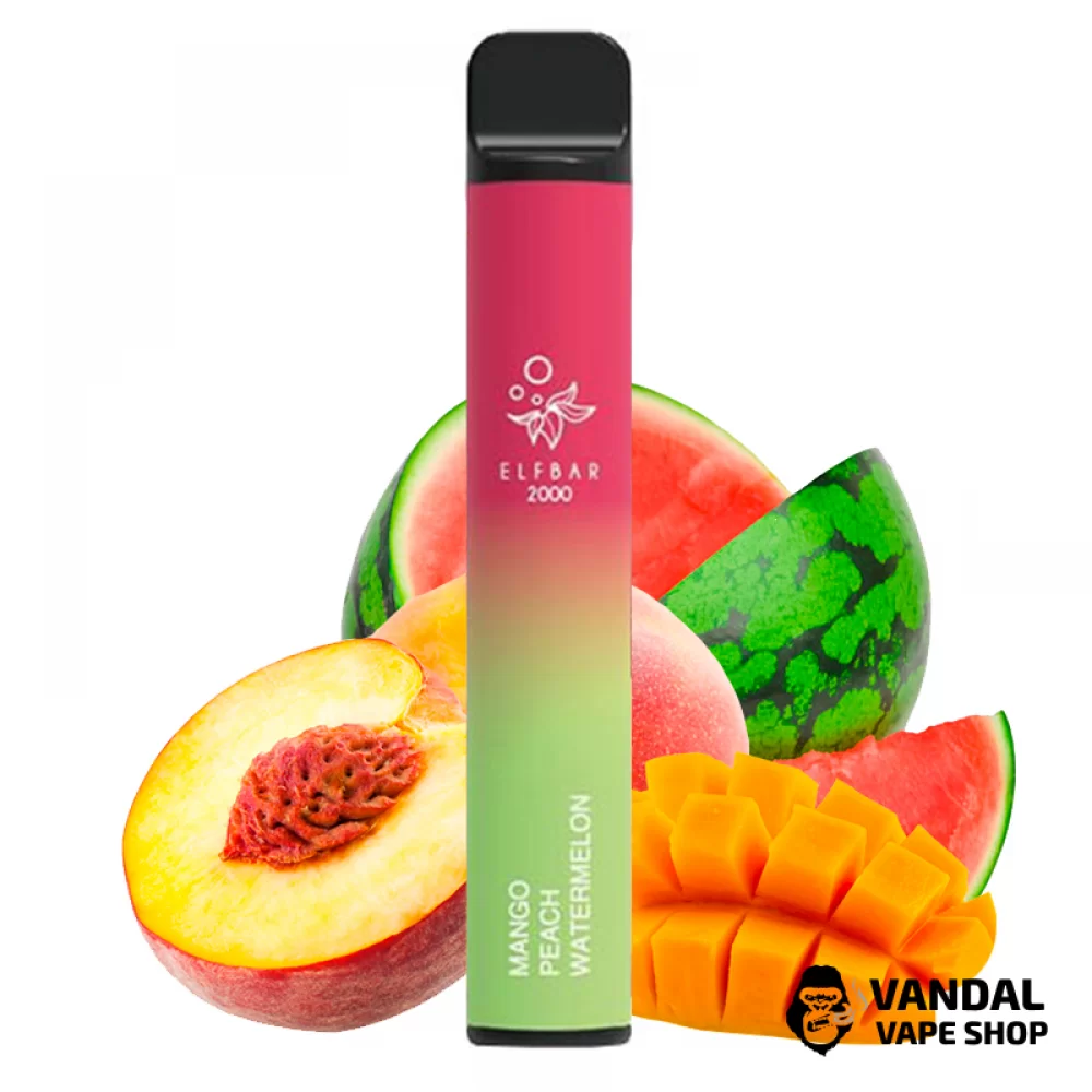 Одноразовый Pod Elf Bar 2000 Disposable 1200 mAh 5% на 2000 затяжек со вкусом манго, персика и арбуза Одноразовый Pod Elf Bar 2000 Disposable 1200 mAh 5% на 2000 затяжек со вкусом манго, персика и арбуза