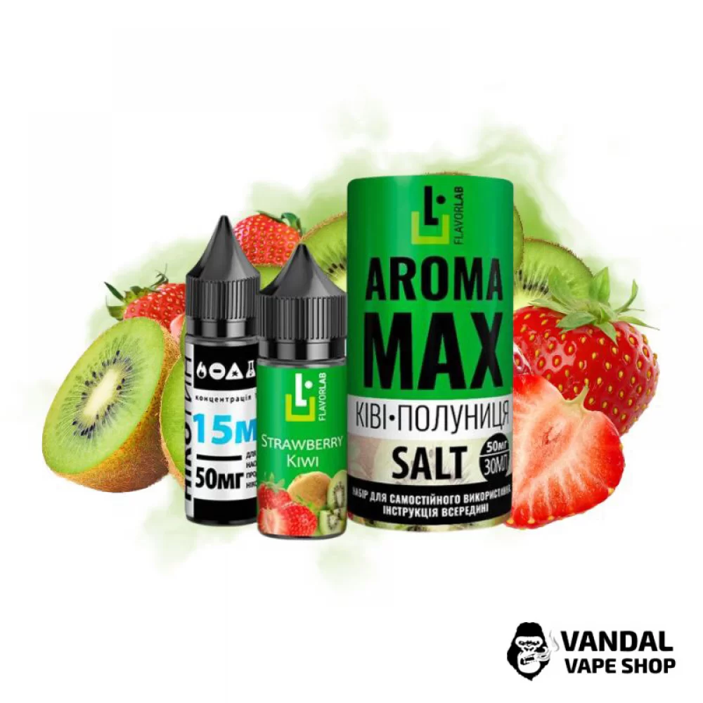 Набір для самозамісу Aroma MAX Salt 30 мл 50 мг зі смаком ківі і полуниці Набір для самозамісу Aroma MAX Salt 30 мл 50 мг зі смаком ківі і полуниці
