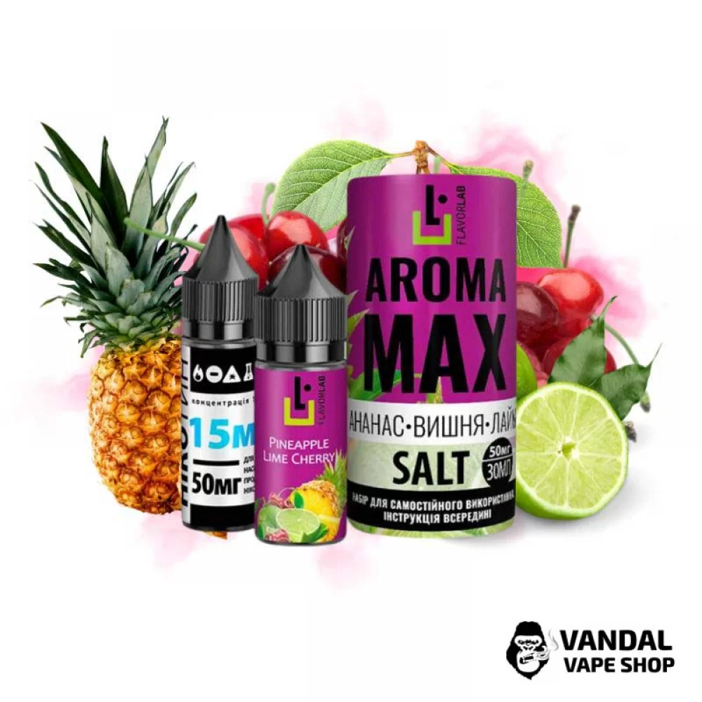 Набір для самозамісу Aroma MAX Salt 30 мл 50 мг зі смаком ананас, вишня та лайм Набір для самозамісу Aroma MAX Salt 30 мл 50 мг зі смаком ананас, вишня та лайм