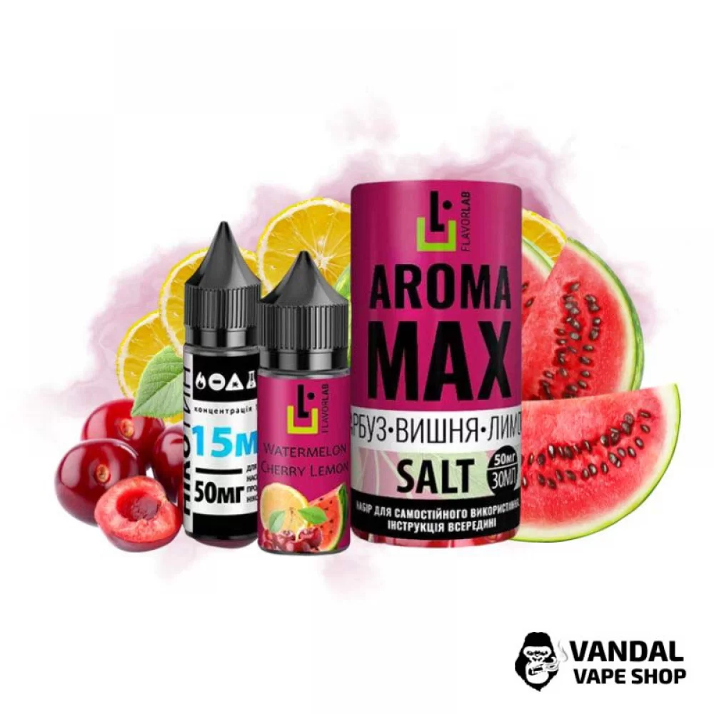 Набор для самозамеса Aroma MAX Salt 30 мл 50 мг со вкусом кавун, вишня и лимон Набор для самозамеса Aroma MAX Salt 30 мл 50 мг со вкусом кавун, вишня и лимон