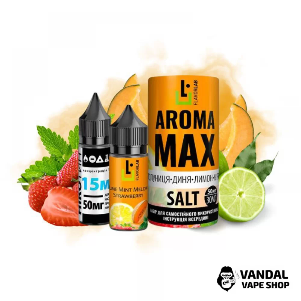 Набір для самозамісу Aroma MAX Salt 30 мл 50 мг зі смаком полуниці і дині, лимон та м'ята Набір для самозамісу Aroma MAX Salt 30 мл 50 мг зі смаком полуниці і дині, лимон та м'ята