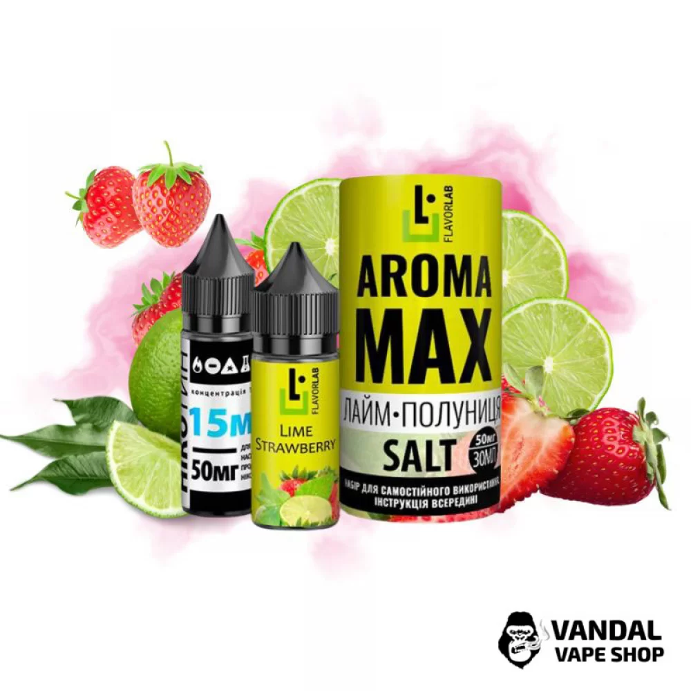Набір для самозамісу Aroma MAX Salt 30 мл 50 мг зі смаком лайму і полуниці Набір для самозамісу Aroma MAX Salt 30 мл 50 мг зі смаком лайму і полуниці