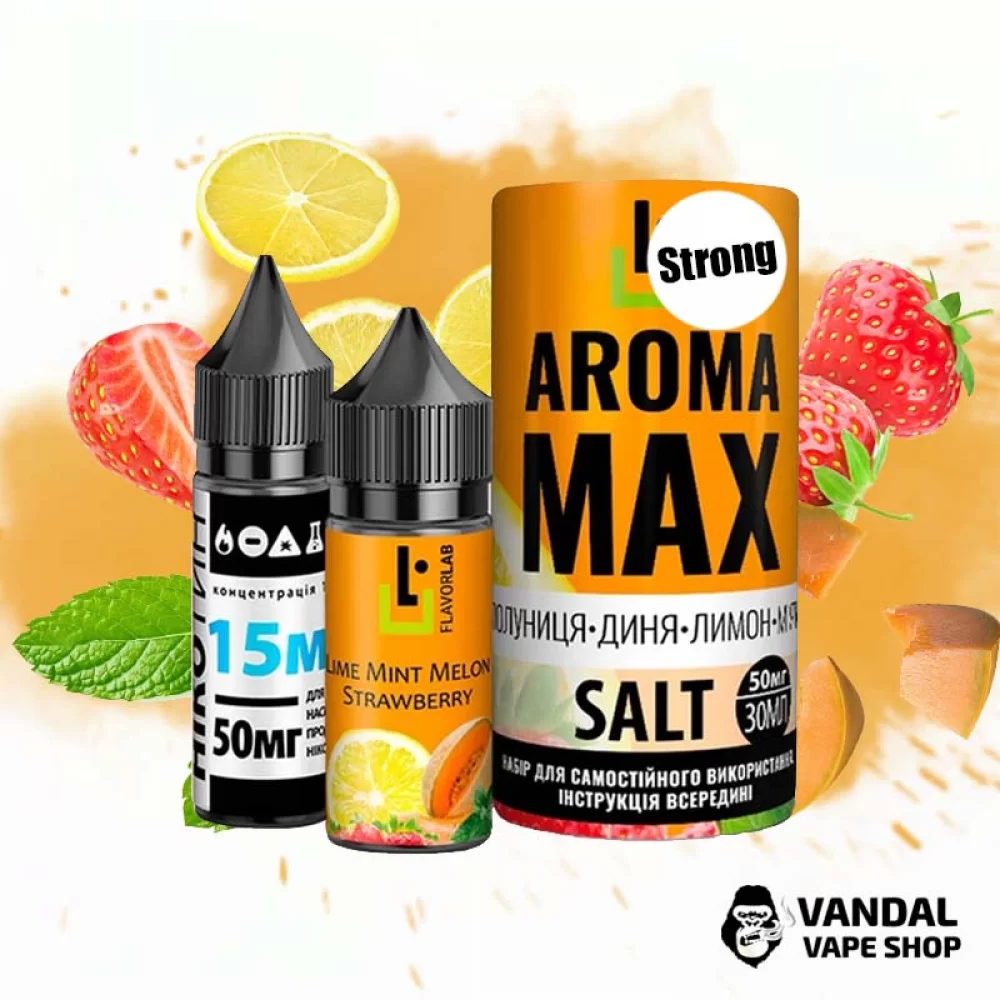 Набір для самозамісу Aroma MAX Salt Strong 30 мл 50 мг зі смаком полуниці, дині, лимона і м'яти Набір для самозамісу Aroma MAX Salt Strong 30 мл 50 мг зі смаком полуниці, дині, лимона і м'яти