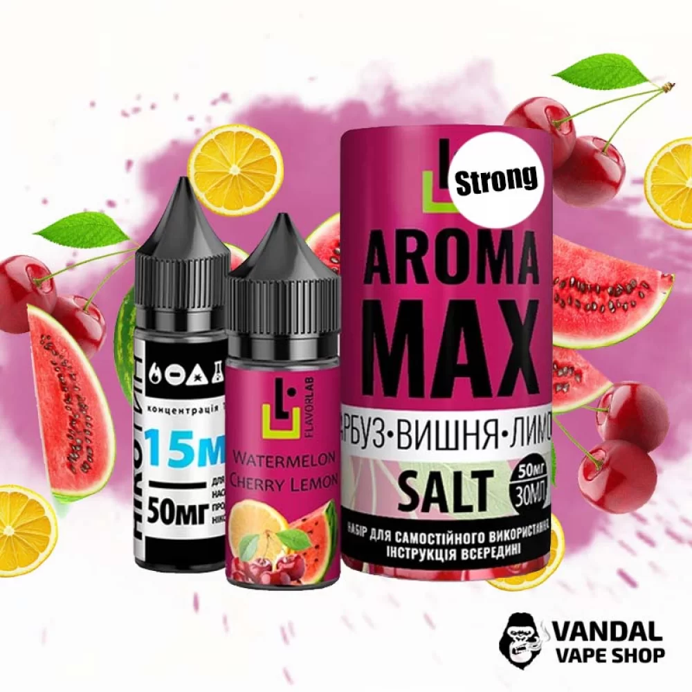 Набор для самозамеса Aroma MAX Salt Strong 30 мл 50 мг со вкусом арбуза, вишни и лимона Набор для самозамеса Aroma MAX Salt Strong 30 мл 50 мг со вкусом арбуза, вишни и лимона