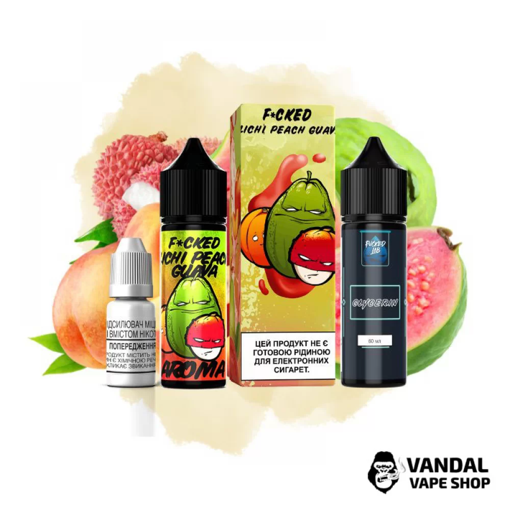 Набір для самозамісу Fucked Lab Organic 60 мл 6 мг зі смаком лічі, персик і гуава Набір для самозамісу Fucked Lab Organic 60 мл 6 мг зі смаком лічі, персик і гуава