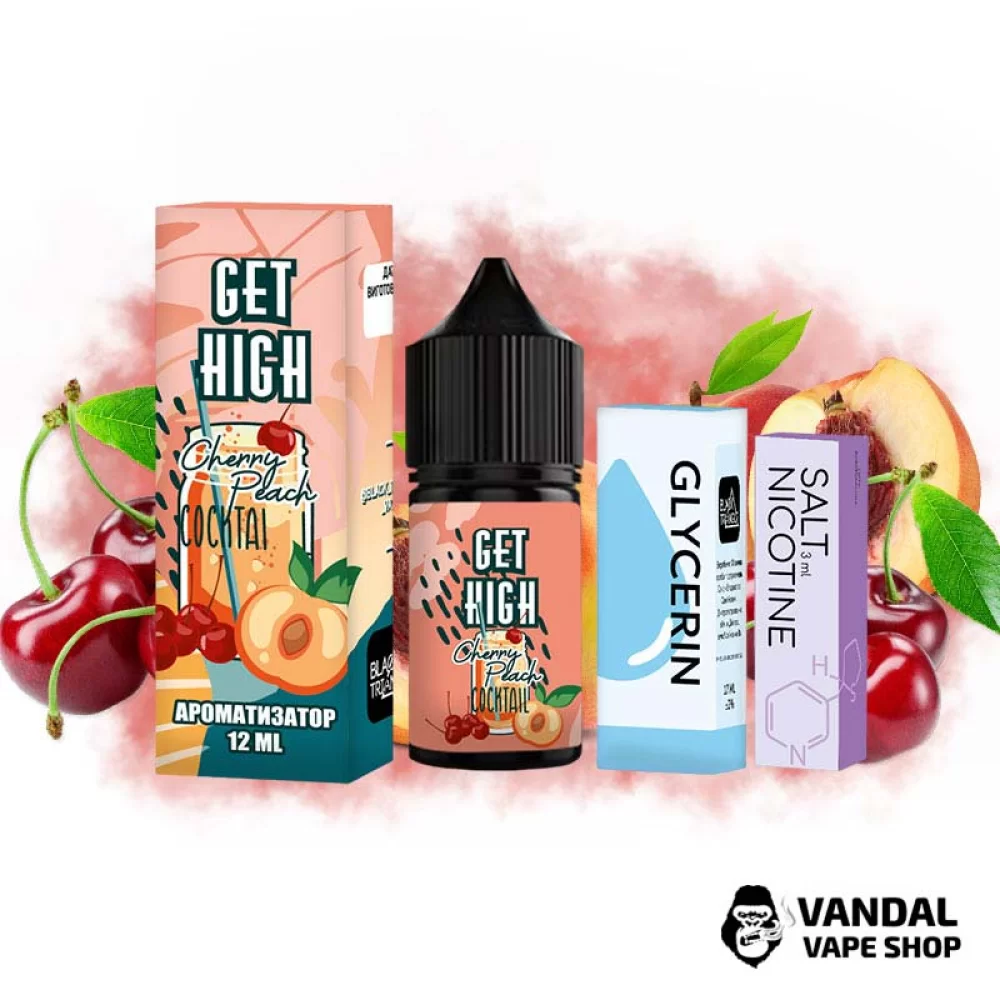 Набір для самозамісу Get High 30 мл 25 мг - зі смаком коктейлю з персиком та вишнею. Набір для самозамісу Get High 30 мл 25 мг - зі смаком коктейлю з персиком та вишнею.
