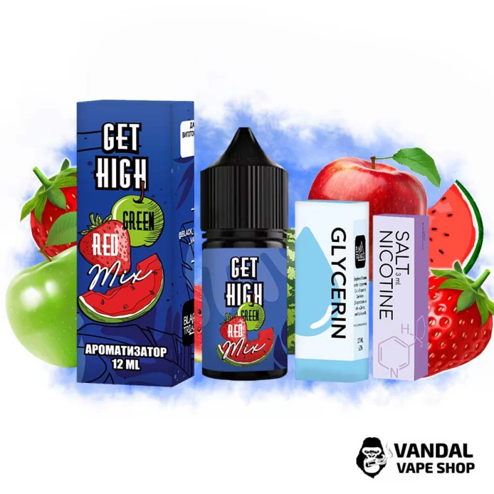 Набор для самозамеса Get High 30 мл 25 мг - со вкусом яблока, арбуза, клубники. Набор для самозамеса Get High 30 мл 25 мг - со вкусом яблока, арбуза, клубники.