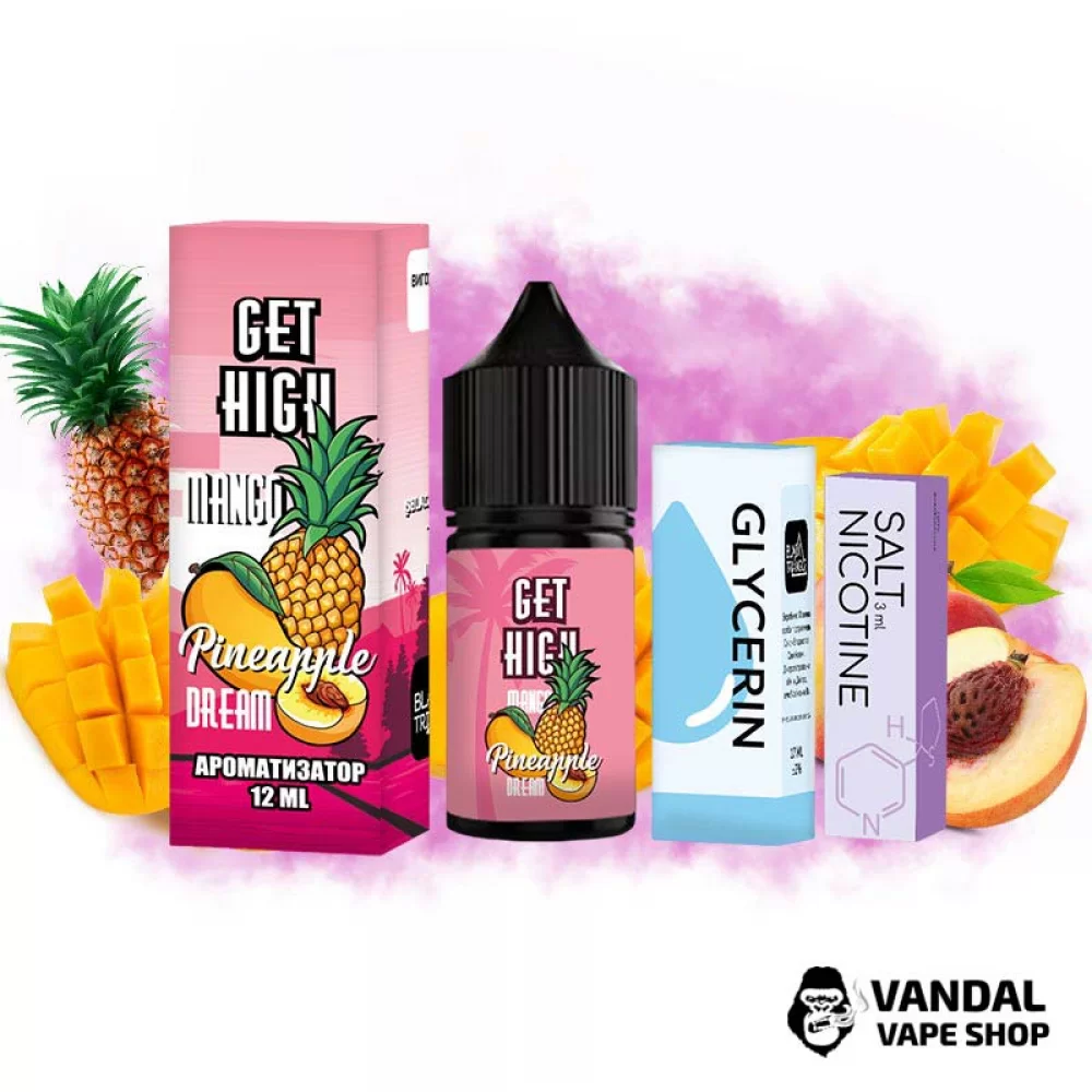 Набір для самозамісу Get High 30 мл 50 мг - зі смаком ананасу, персика та манго. Набір для самозамісу Get High 30 мл 50 мг - зі смаком ананасу, персика та манго.