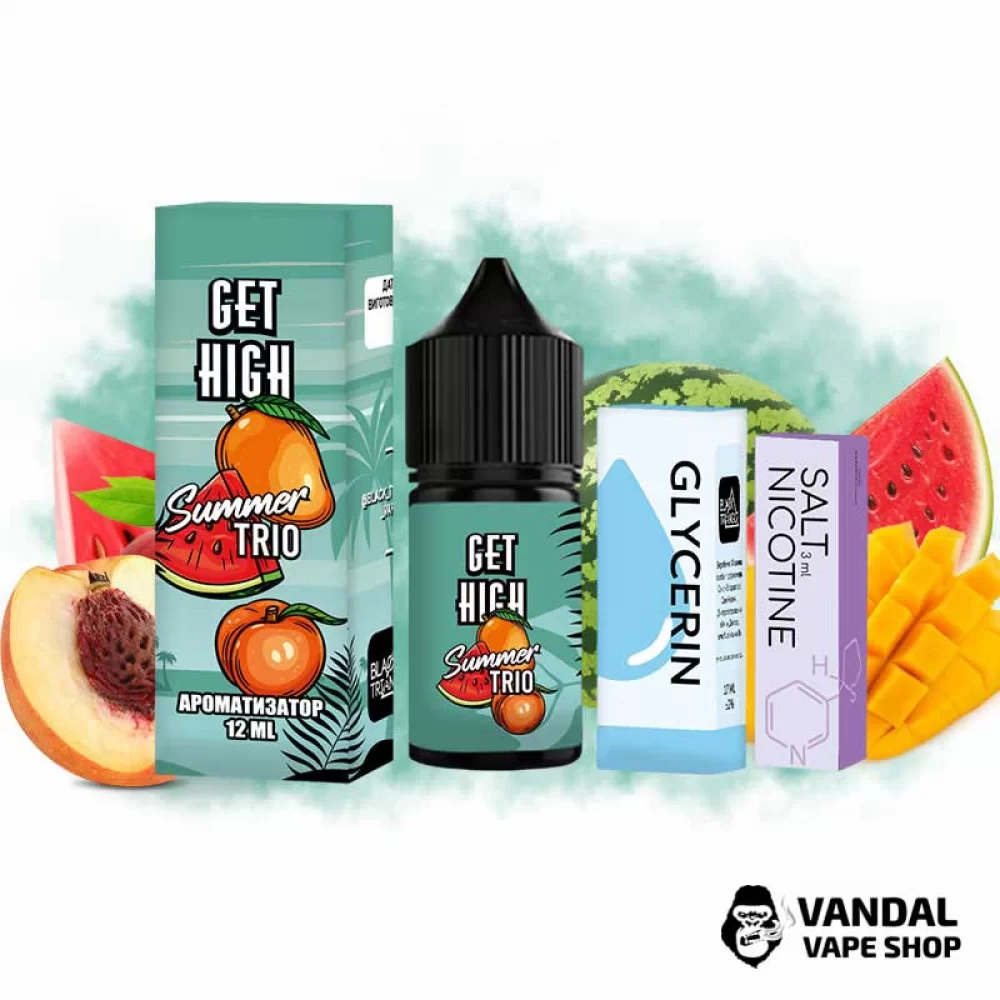 Набір для самозамісу Get High 30 мл 25 мг - зі смаком кавуна, персика, манго. Набір для самозамісу Get High 30 мл 25 мг - зі смаком кавуна, персика, манго.