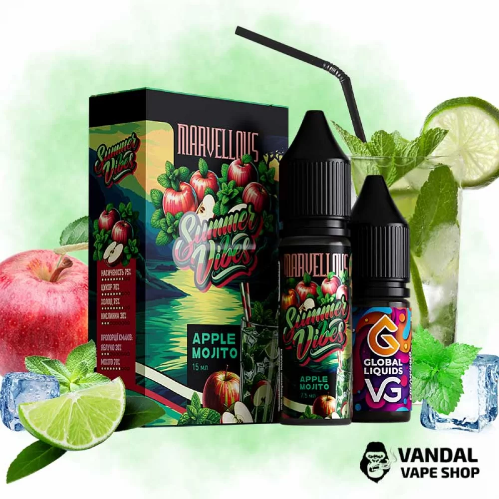 Набор для самозамеса Marvellous Summer Vibes 15 мл 65 мг - со вкусом сочного яблока, лимона с нотами лайма и свежего мохито Набор для самозамеса Marvellous Summer Vibes 15 мл 65 мг - со вкусом сочного яблока, лимона с нотами лайма и свежего мохито