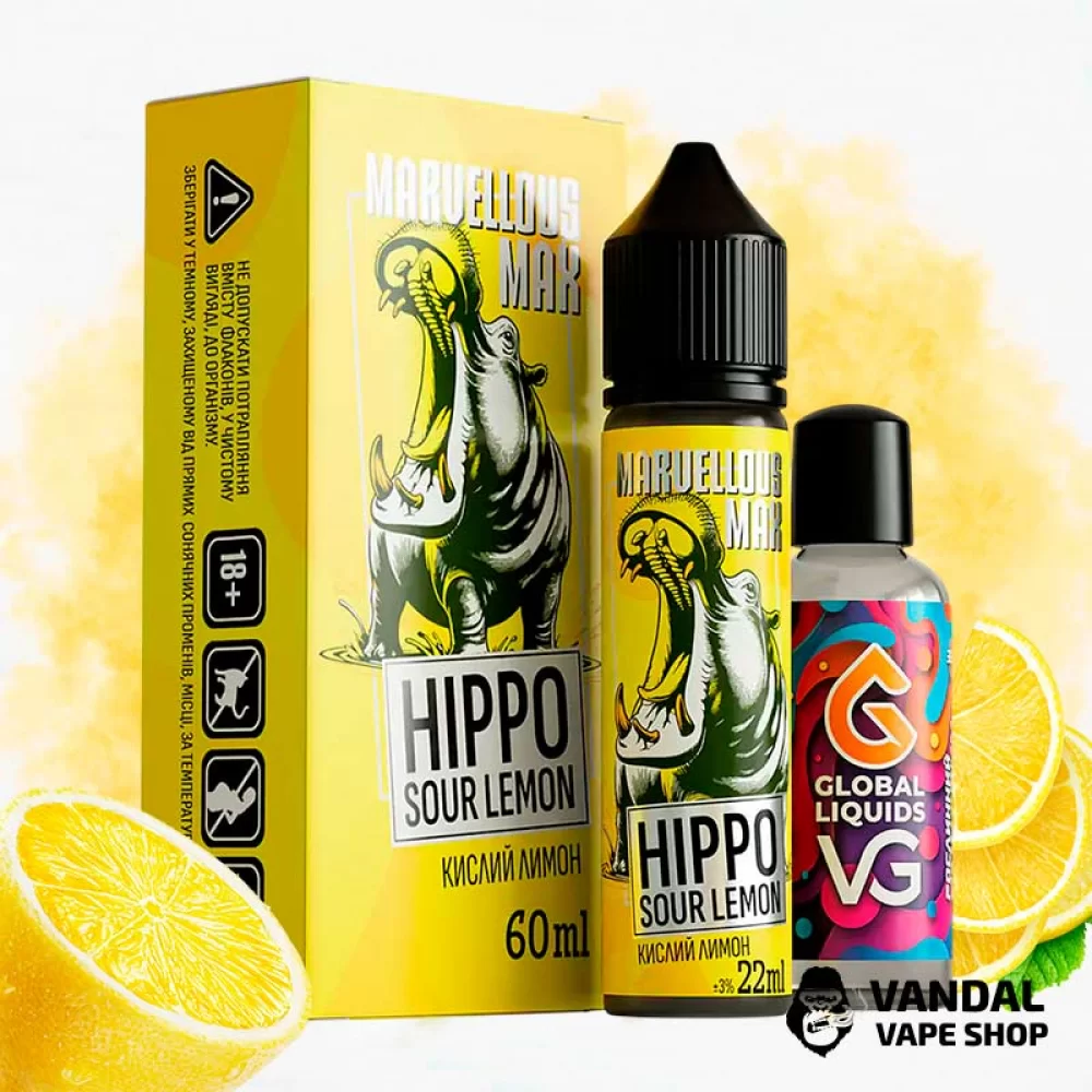 Органічний набір для самозамісу Marvellous Max - Hippo Sour Lemon 60 мл 3 мг зі смаком - кислого лимона Органічний набір для самозамісу Marvellous Max - Hippo Sour Lemon 60 мл 3 мг зі смаком - кислого лимона