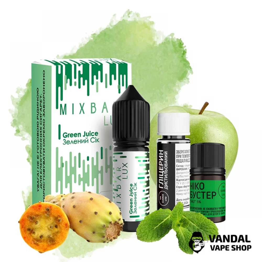 Набор для самозамеса Mix Bar Lux 15 мл 50 мг - с вкусом прохладного сока с кактусом и кислым зеленым яблоком Набор для самозамеса Mix Bar Lux 15 мл 50 мг - с вкусом прохладного сока с кактусом и кислым зеленым яблоком