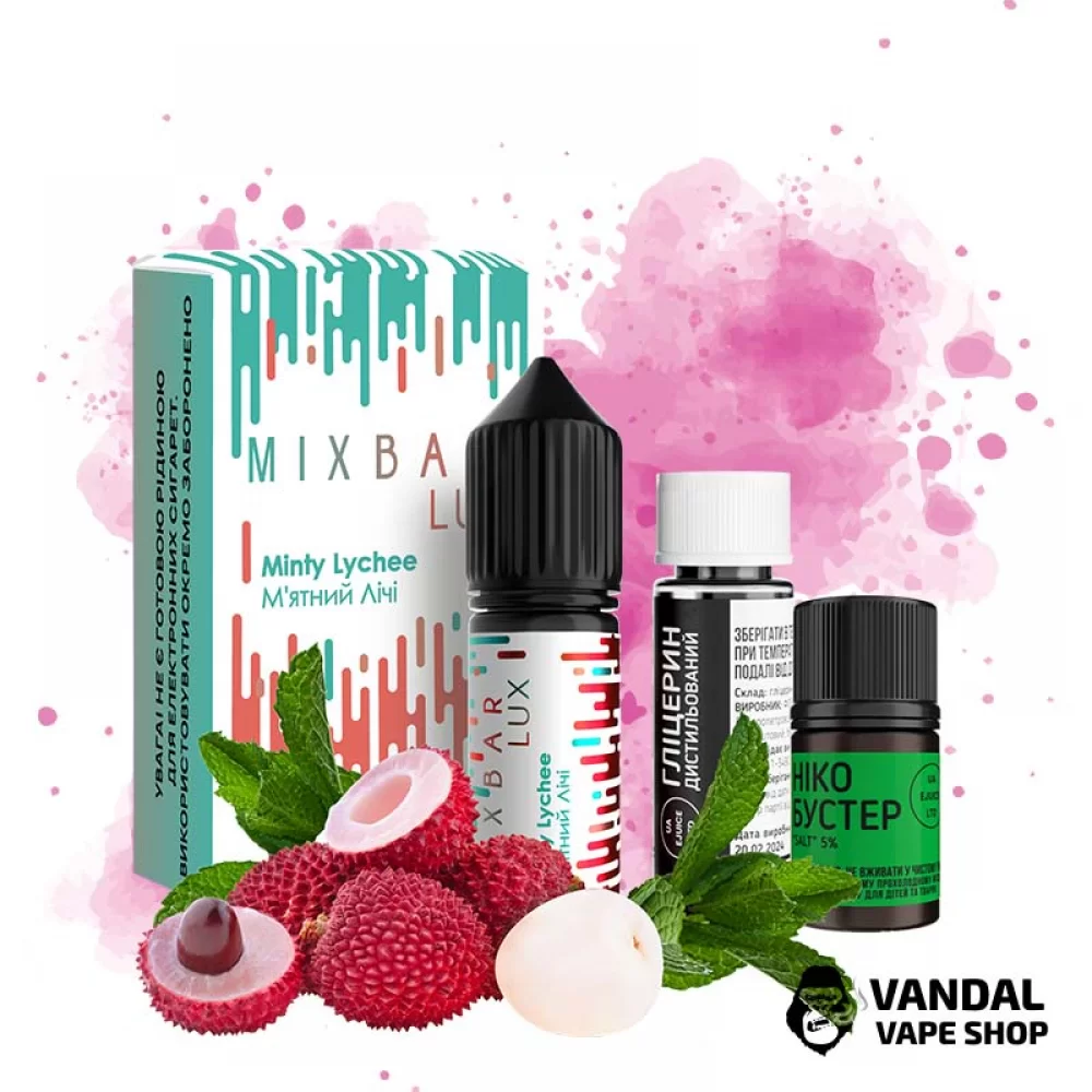 Набор для самозамеса Mix Bar Lux 15 мл 65 мг - с вкусом мятного личи Набор для самозамеса Mix Bar Lux 15 мл 65 мг - с вкусом мятного личи