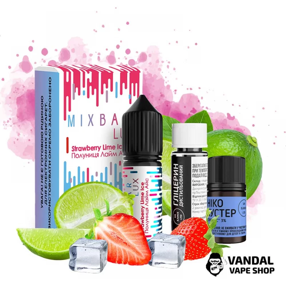 Набір для самозамісу Mix Bar Lux 15 мл 50 мг - зі смаком полуниці, лайму і прохолоди Набір для самозамісу Mix Bar Lux 15 мл 50 мг - зі смаком полуниці, лайму і прохолоди