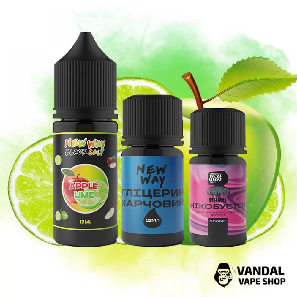 Набір для самозамісу New Way Black 30 мл 30 мг зі смаком яблука і лайма Набір для самозамісу New Way Black 30 мл 30 мг зі смаком яблука і лайма