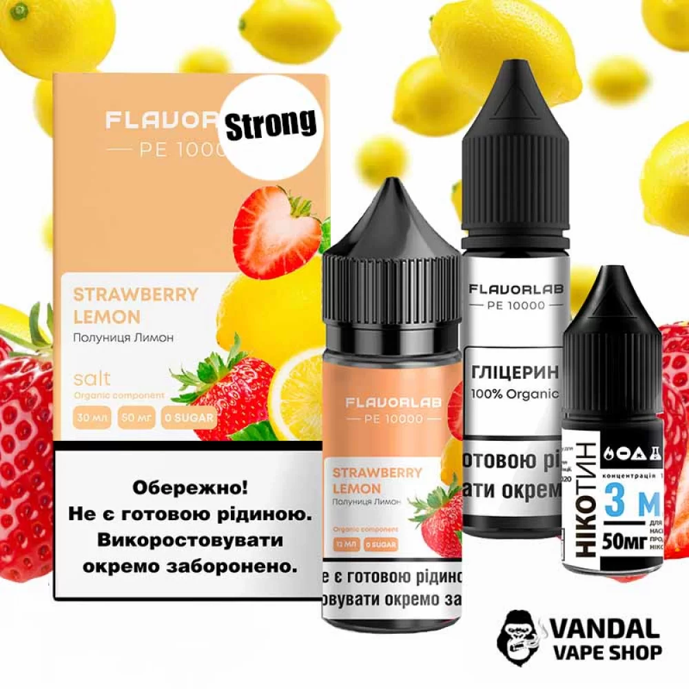 Набор для самозамеса Flavorlab PE 10000 Strong 30 мл 50 мг со вкусом клубники и лимона Набор для самозамеса Flavorlab PE 10000 Strong 30 мл 50 мг со вкусом клубники и лимона