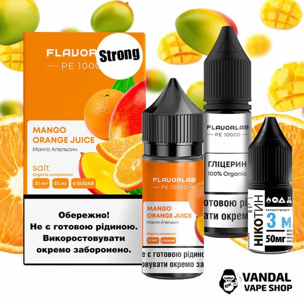 Набор для самозамеса Flavorlab PE 10000 Strong 30 мл 50 мг со вкусом сока из манго и апельсина Набор для самозамеса Flavorlab PE 10000 Strong 30 мл 50 мг со вкусом сока из манго и апельсина