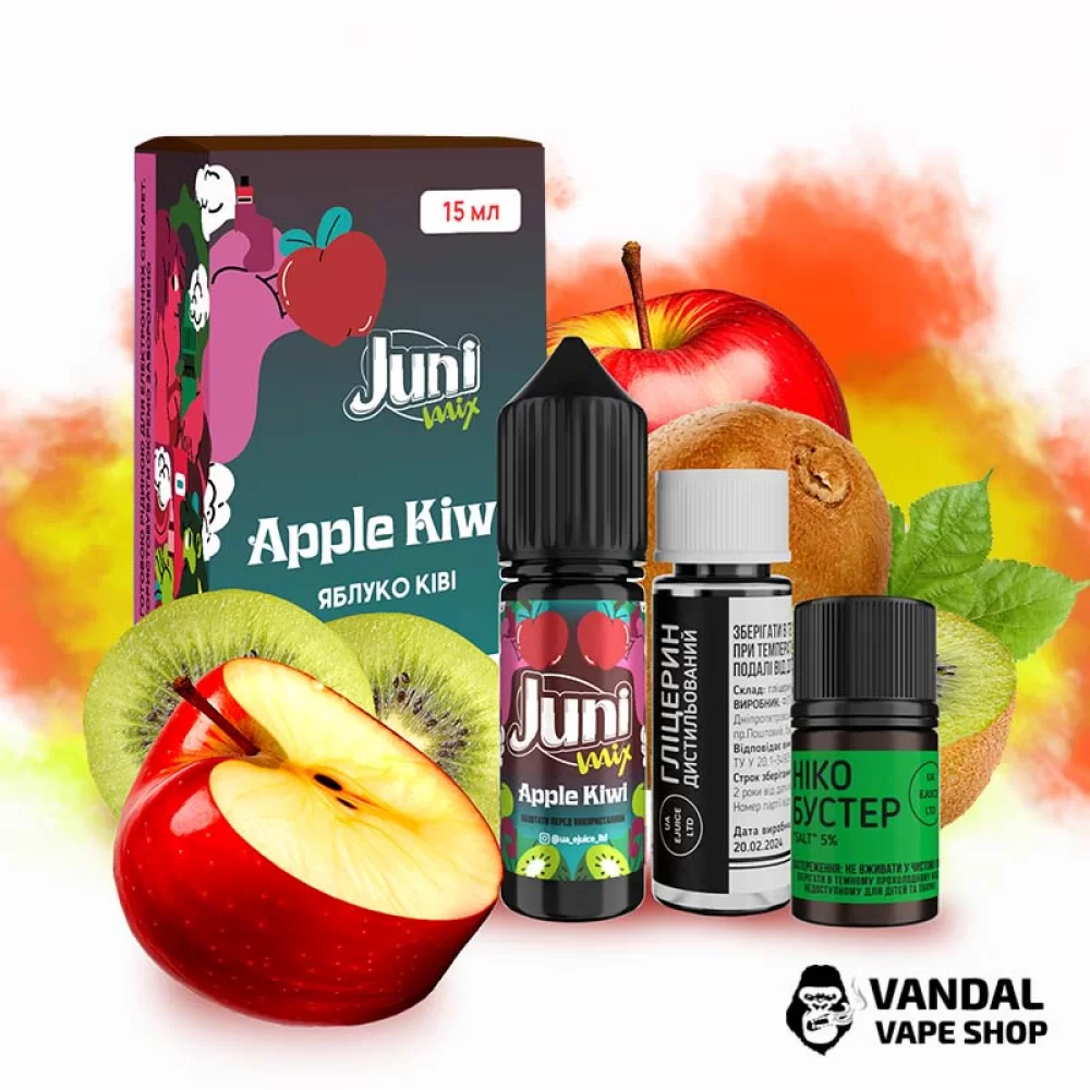 Набор для самозамеса Juni Mix 15 мл 65 мг со вкусом яблока и киви Набор для самозамеса Juni Mix 15 мл 65 мг со вкусом яблока и киви